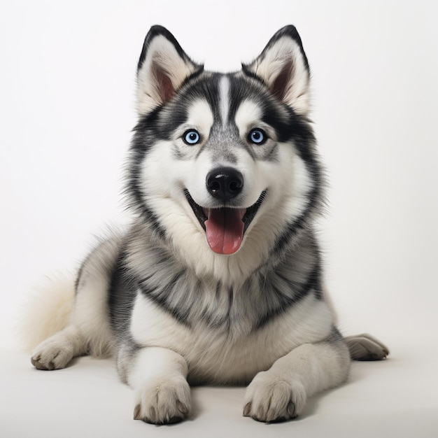 Um cão husky hiper-realista sentado no chão isolado em fundo branco