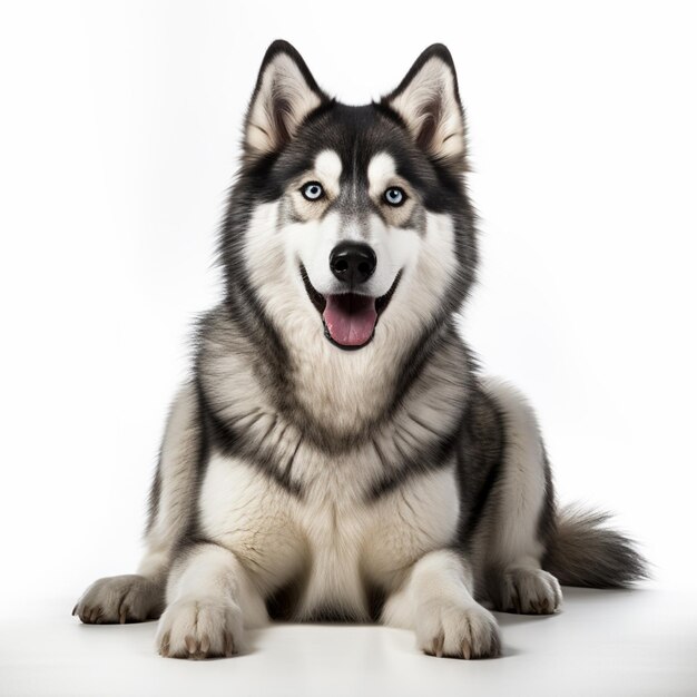 Um cão husky hiper-realista sentado no chão isolado em fundo branco