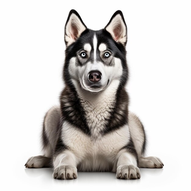 Um cão husky hiper-realista sentado no chão isolado em fundo branco