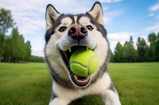 Um cão husky se divertindo com uma bola de tênis no parque