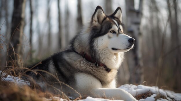 Um cão husky senta-se na neve na floresta.