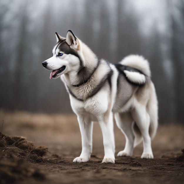 Um cão husky siberiano hiper-realista de corpo inteiro com fundo branco