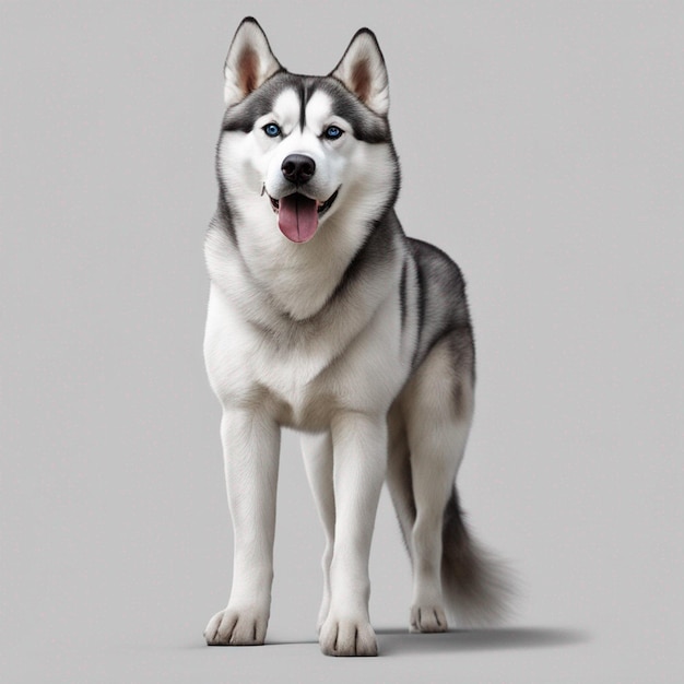 Um cão husky siberiano hiper-realista de corpo inteiro com fundo branco