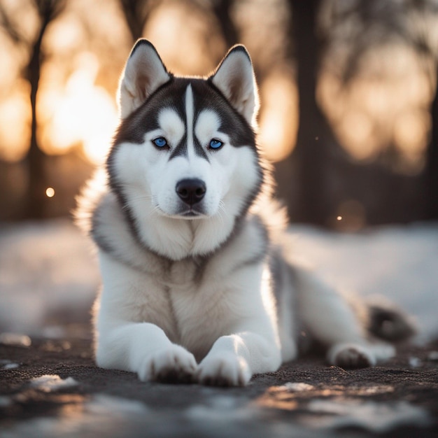 Um cão husky siberiano hiper-realista de corpo inteiro com fundo branco