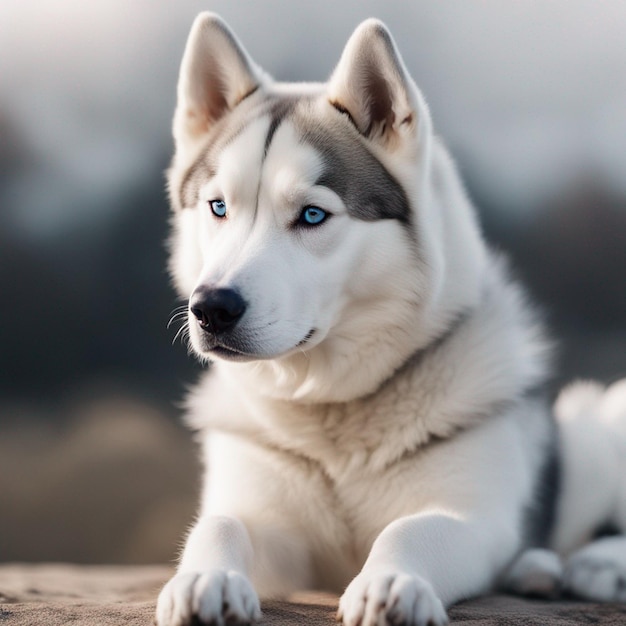 Um cão husky siberiano hiper-realista de corpo inteiro com fundo branco