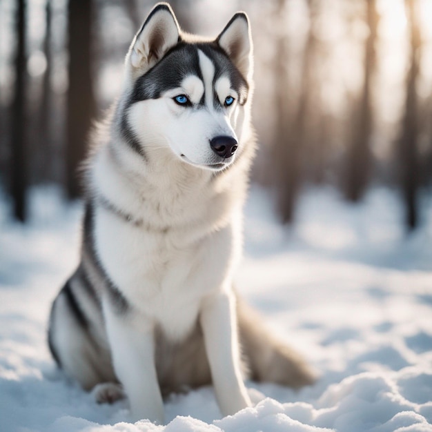 Um cão husky siberiano hiper-realista de corpo inteiro com fundo branco