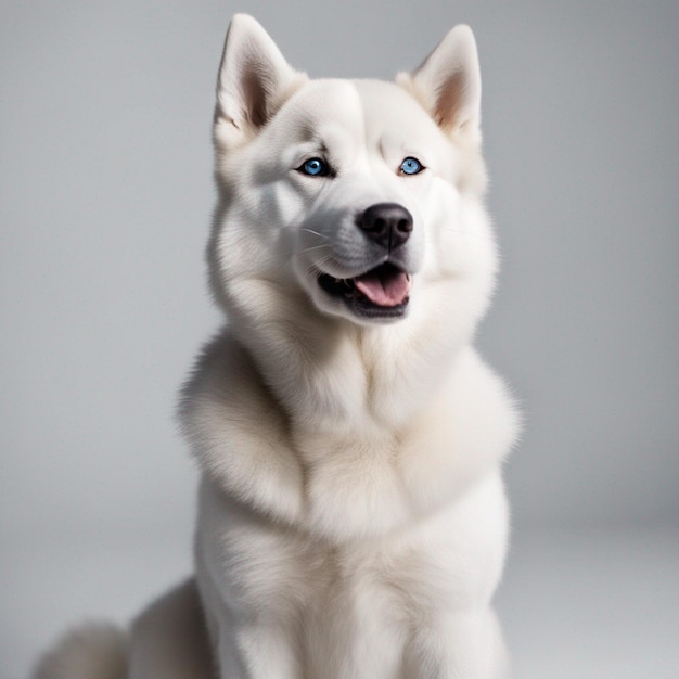 Um cão husky siberiano hiper-realista de corpo inteiro com fundo branco