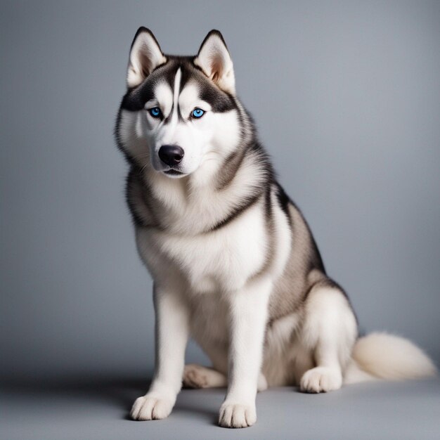 Um cão husky siberiano hiper-realista de corpo inteiro com fundo branco