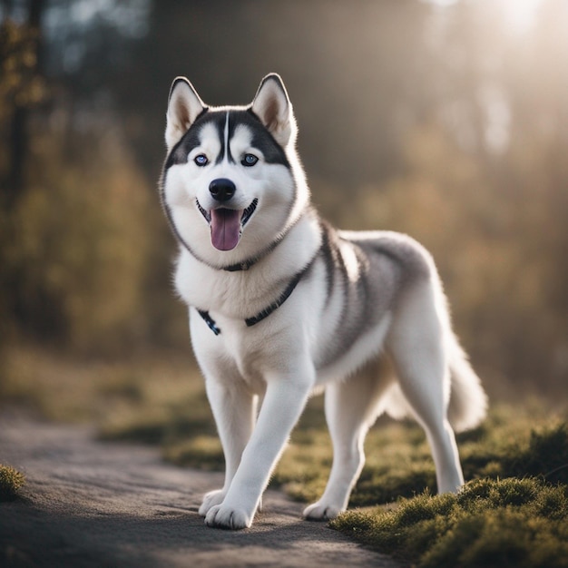 Um cão husky siberiano hiper-realista de corpo inteiro com fundo branco