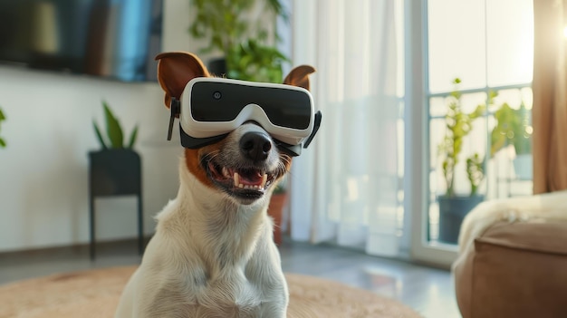 Um cão jovem e alegre senta-se em uma sala moderna usando um fone de ouvido de realidade virtual VR branco à luz do dia