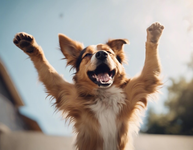 Foto um cão levantando ambas as mãos foto crua bonito hurra cão feliz