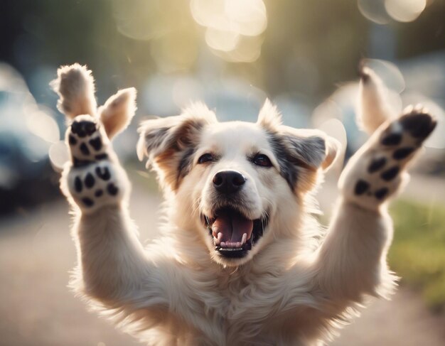 Foto um cão levantando ambas as mãos foto crua bonito hurra cão feliz