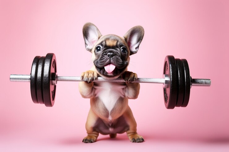 Um cão levantando uma barra Cachorro bonito bulldog francês fazendo exercício esportivo com halteres em fundo rosa Levantamento de pesos ginásio de culturismo promoção de esportes fitness