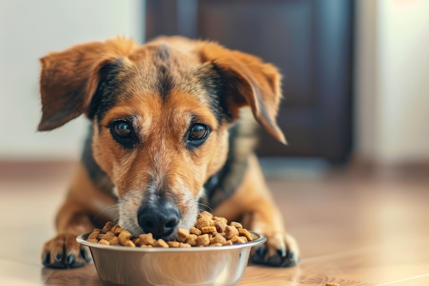 Um cão lindo e adorável sentado ao lado de uma tigela de comida, um animal doméstico bonito, uma IA generativa.