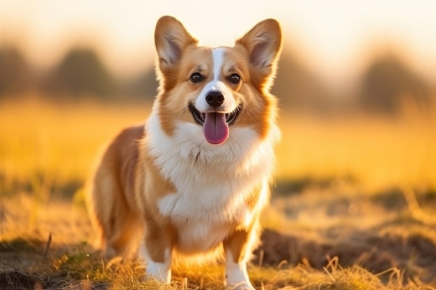 Um cão marrom e branco de pé no topo de um campo coberto de grama