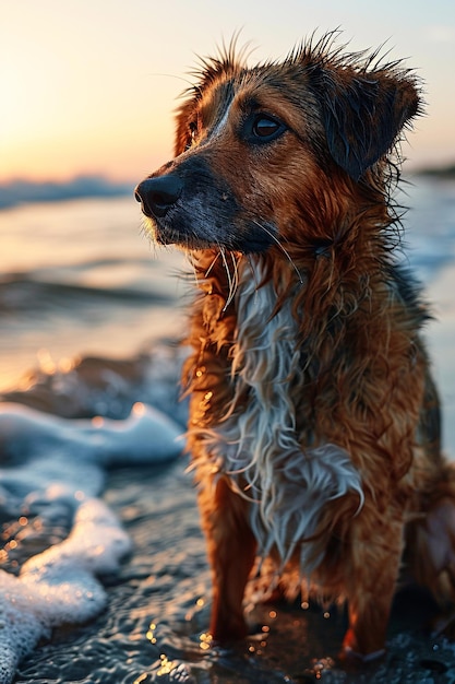 um cão na praia com o sol a pôr-se atrás dele