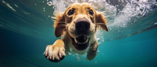 Foto um cão nadando em uma piscina com água salpicando em torno dele