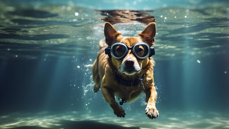 Foto um cão nadando na água com óculos de proteção