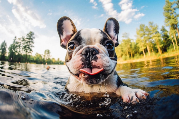 Um cão nadando na água criado com tecnologia de IA gerativa