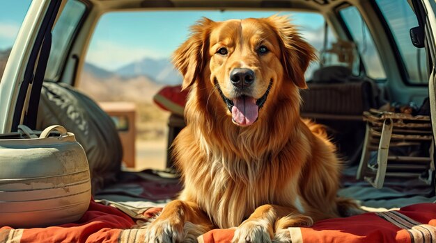 Um cão no porta-malas de um carro.