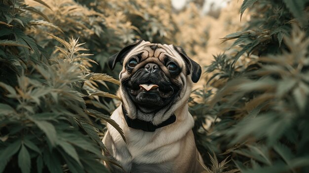 Foto um cão num campo de plantas