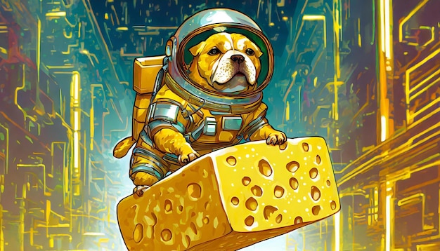 Um cão num fato espacial com um queijo que diz cão