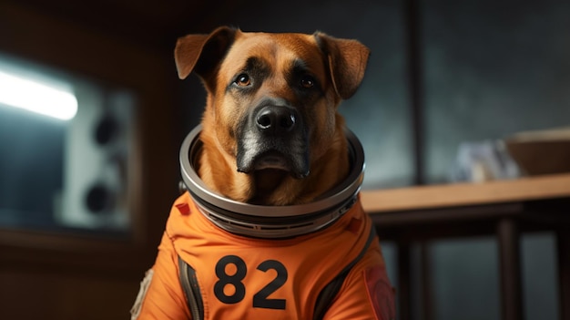 Um cão num fato espacial laranja com os números