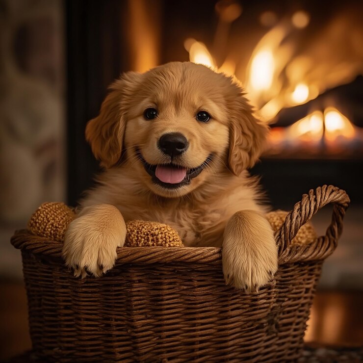 Foto um cão numa cesta que diz " cachorrinho "