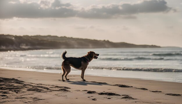 um cão numa praia com o oceano ao fundo