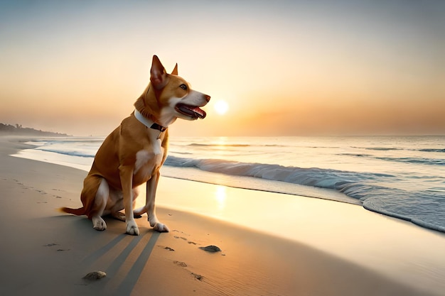 um cão numa praia com o sol a pôr-se atrás dele