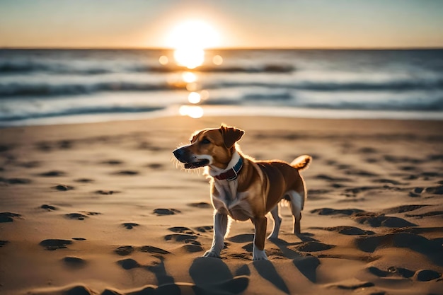 Um cão numa praia com o sol a pôr-se atrás dele.