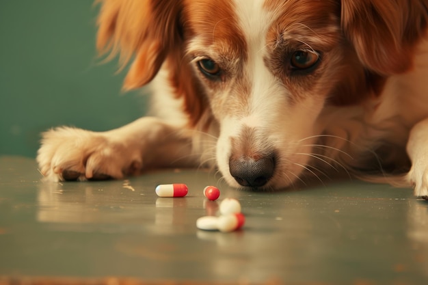 Um cão olha atentamente para dois comprimidos sobre a mesa em frente a ele