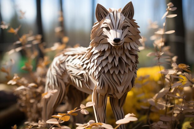 Um cão ou lobo bonito feito de papéis usando kirigami ou origami estilo de artesanato japonês