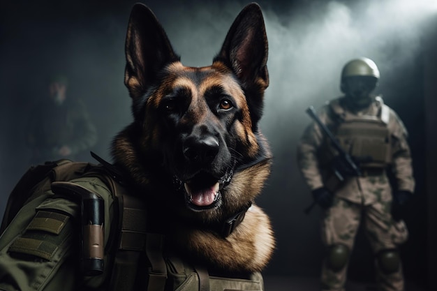 Um cão pastor alemão em uma armadura corporal um cão militar generativo ai