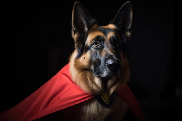 Um cão pastor alemão grande vestido como um super-herói para a festa de Halloween Generative AI