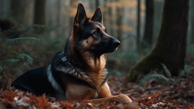 Um cão pastor alemão senta-se na floresta