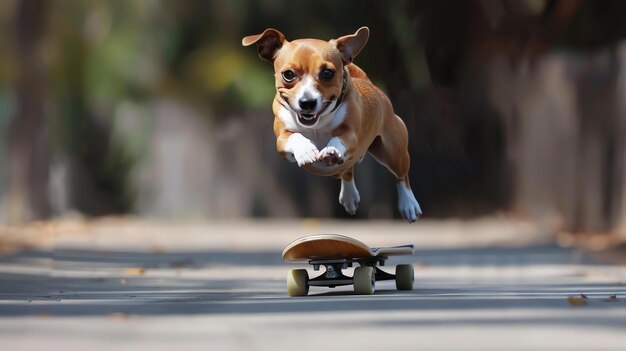 Foto um cão patinador bonito e engraçado está pulando no ar para fazer um truque o cão está usando um capacete e equipamento de proteção