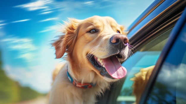 Um cão pendurando a língua na janela de um carro Espaço para texto