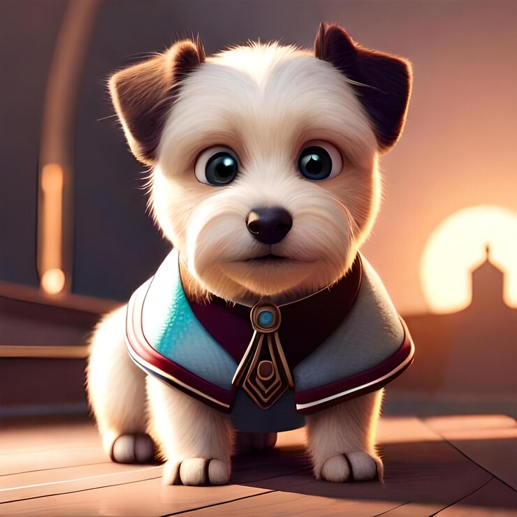 Foto um cão pequeno com um colarinho azul e uma camisola que diz "o cão"