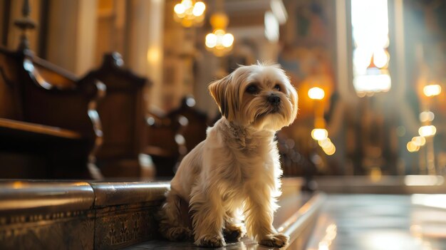 Um cão pequeno senta-se num chão de mármore numa igreja o cão está a olhar para os vitrais