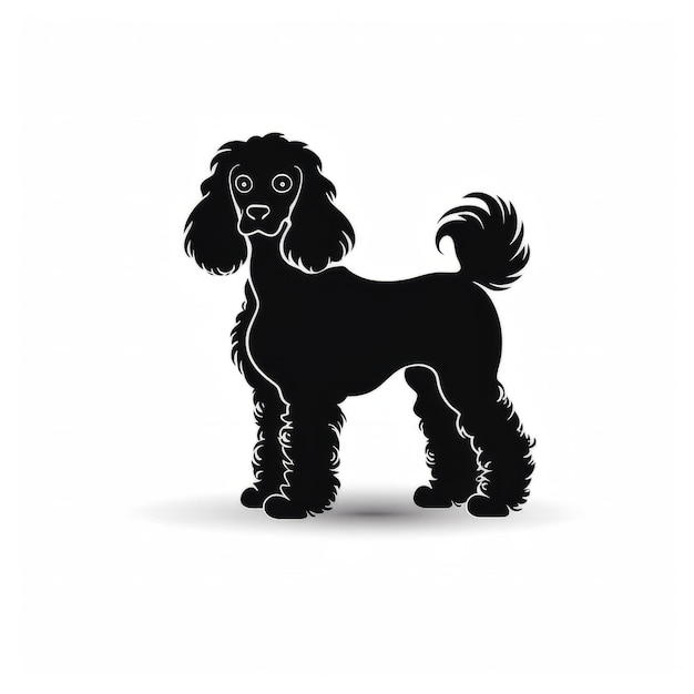 Um cão poodle preto silhueta em pé sobre uma superfície branca