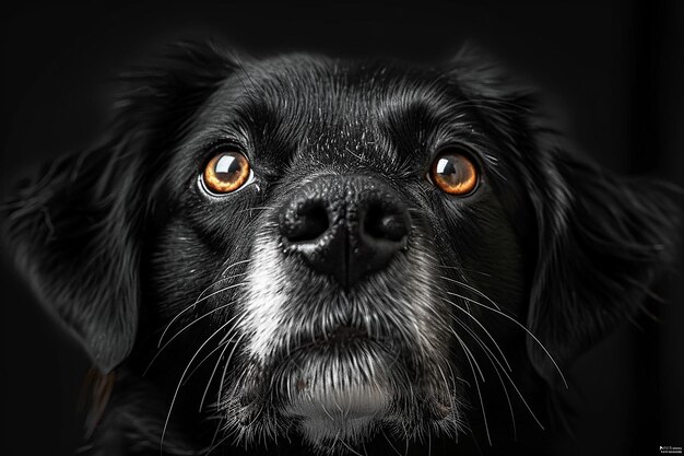 Foto um cão preto com olhos laranja e um fundo preto