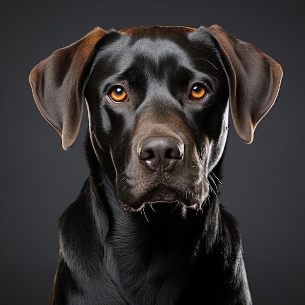 um cão preto com olhos laranja em um fundo escuro