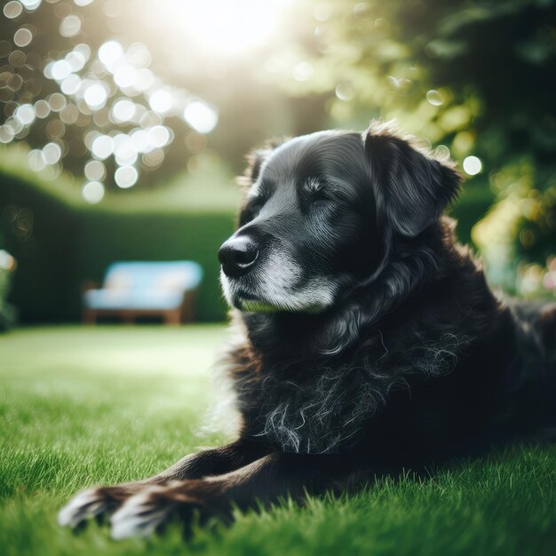 Um cão preto com pelagem cinzenta ao redor do focinho, indicando que provavelmente é um cão mais velho deitado confortavelmente