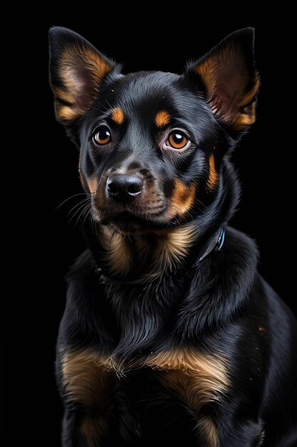 Um cão preto com pelagem marrom e branca está olhando para a câmera