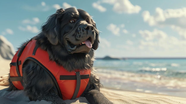 Um cão preto de Newfoundland vestindo um colete salva-vidas vermelho está deitado na praia