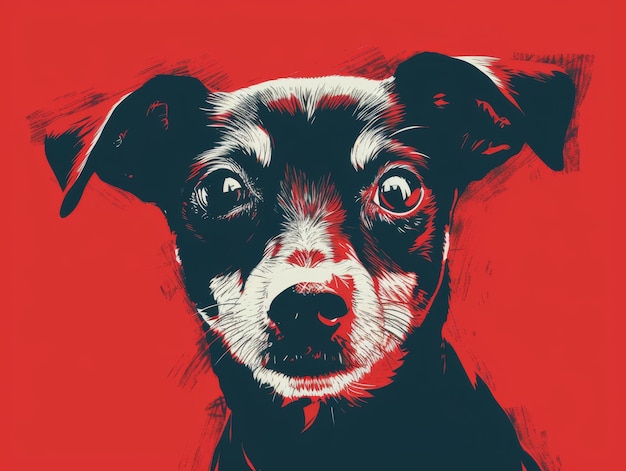 Um cão preto e branco em um fundo vermelho