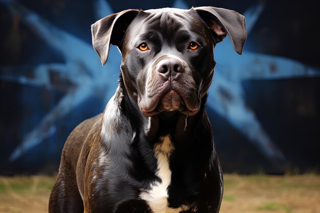 Um cão preto e branco.