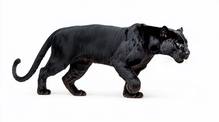 Foto um cão preto está andando em um fundo branco com um cão negro à direita