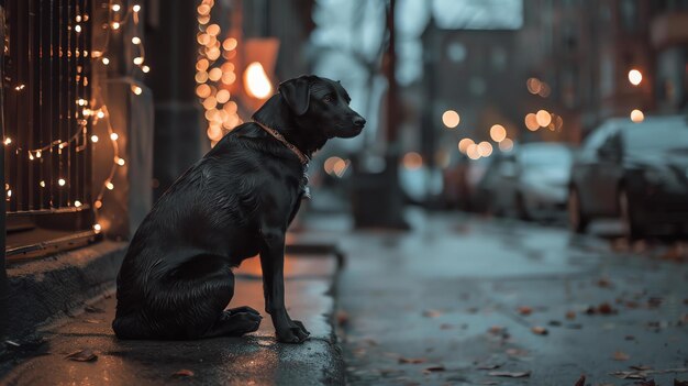 Um cão preto leal senta-se na calçada do lado de fora de uma loja esperando pacientemente seu dono